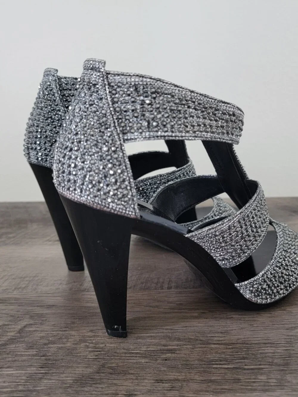 Michael Kors Berkley T-Strap Silver Glitter Rhinestone Caged Heels